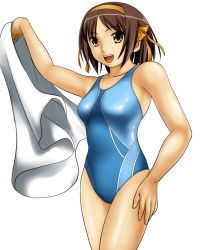 Rule 34 | 1girl, artist request, competition swimsuit, kyoto animation, one-piece swimsuit, solo, suzumiya haruhi, suzumiya haruhi no yuuutsu, swimsuit, tagme, towel
