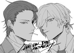 Rule 34 | 2boys, cigarette, closed mouth, ear piercing, greyscale, hand on another&#039;s shoulder, jacket, looking at viewer, male focus, monochrome, multiple boys, original, piercing, ritsuno ananda, shirt, short hair, simple background, white background
