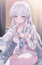 Rule 34 | 0202ase, 1girl, absurdres, blue archive, highres, long hair, long sleeves, looking at viewer, noa (blue archive), purple eyes, sitting, smile, solo, white hair