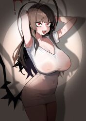 Rule 34 | 1girl, absurdres, antenna hair, armpits, arms up, bags under eyes, black hair, black wings, blood halo, blue archive, blush, breasts, covered erect nipples, covered navel, halo, highres, inverted nipples, large breasts, looking at viewer, low wings, melting halo, no bra, open mouth, red eyes, red halo, rehu, see-through, short sleeves, smile, solo, standing, sweat, tsurugi (blue archive), wet, wet clothes, wings