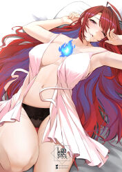 1girl ;o alternate_costume artist_logo artist_name black_panties blue_fire blue_hair breasts breasts_apart collarbone colored_inner_hair dress drooling elizabeth_rose_bloodflame fire highres hololive hololive_english landacdeus large_breasts long_hair lying multicolored_hair navel on_back one_eye_closed open_clothes open_dress paid_reward_available panties patreon_logo red_eyes red_hair saliva sideboob solo stomach thighs twitter_logo two-tone_hair underwear very_long_hair virtual_youtuber waking_up watermark