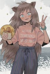 Rule 34 | 1girl, animal ears, antenna hair, blue eyes, blush, bolero (bo le ro66), clothes writing, cloud, cloudy sky, fangs, fingernails, food, food request, grass, hedgehog girl, highres, holding, holding food, long hair, looking at viewer, nail polish, octopus, original, outdoors, parted lips, pink nails, scrunchie, senbei, shirt tucked in, sky, smile, solo, sparkle, sparkling eyes, striped clothes, tentacles, unworn scrunchie, w
