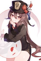 Rule 34 | 1girl, absurdres, black hat, black jacket, black shirt, black shorts, brown hair, cowboy shot, flower, flower-shaped pupils, genshin impact, ghost, grin, hair between eyes, hat, hat flower, highres, hu tao (genshin impact), jacket, jewelry, long hair, long sleeves, looking at viewer, plum blossoms, red eyes, red flower, revision, rikoma, ring, shirt, short shorts, shorts, sleeves past wrists, smile, solo, star-shaped pupils, star (symbol), symbol-shaped pupils, thick thighs, thighs, very long hair, white background, wide sleeves