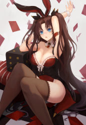 Rule 34 | 1girl, alternate breast size, animal ears, arm up, armband, armpit peek, black hair, black ribbon, black thighhighs, blue eyes, boky (118088488), breasts, brown hair, card, cleavage, cross, cross earrings, detached collar, dice, earrings, fake animal ears, floating card, fate/grand order, fate/stay night, fate (series), frilled leotard, frills, hair ribbon, highres, jewelry, knees up, lace, lace-trimmed legwear, lace trim, large breasts, leotard, long hair, open mouth, playboy bunny, rabbit ears, red leotard, ribbon, sitting, solo, thighhighs, tohsaka rin, tohsaka rin (formalcraft), twintails, two side up, very long hair, wrist cuffs