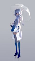 Rule 34 | 1girl, absurdres, arms at sides, backlighting, black thighhighs, blue eyes, blue hair, blue necktie, blue theme, breasts, closed mouth, coat, collared shirt, detached sleeves, expressionless, eyelashes, full body, grey background, grey theme, hair between eyes, half-closed eyes, hatsune miku, highres, holding, holding umbrella, long hair, looking afar, mamenomoto, necktie, open clothes, open coat, pleated skirt, raincoat, see-through, shirt, simple background, skirt, small breasts, solo, standing, thighhighs, transparent, transparent umbrella, twintails, umbrella, vocaloid, white shirt, zettai ryouiki