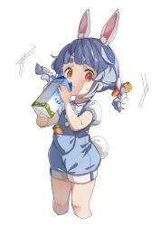 Rule 34 | 1girl, aged down, animal ear fluff, animal ears, bad id, bad pixiv id, blue hair, blush, braid, brat (brabrabrat00), breasts, carrot hair ornament, cropped legs, drinking, food-themed hair ornament, hair ornament, highres, hololive, long hair, looking at viewer, milk carton, multicolored hair, open mouth, orange eyes, overalls, rabbit ears, rabbit girl, rabbit tail, short eyebrows, short sleeves, simple background, solo, sweatdrop, tail, thick eyebrows, twin braids, twintails, two-tone hair, usada pekora, virtual youtuber, white background, white hair