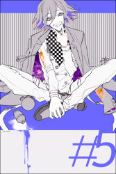 Rule 34 | arm belt, arrow in body, belt, buttons, checkered clothes, checkered scarf, clenched teeth, coattails, collared jacket, commentary request, crossed legs, danganronpa (series), danganronpa v3: killing harmony, dripping, explosive, eyelashes, fangs, fingernails, grenade, greyscale, hand on own chin, hand on own foot, injury, jacket, jacket on shoulders, looking at viewer, me (lililico), monochrome, multiple belts, oma kokichi, orange blood, purple jacket, scarf, shoes, short hair, sitting, space print, spoilers, spot color, starry sky print, teeth, thigh belt, thigh strap, two-sided fabric, two-sided jacket
