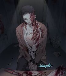 Rule 34 | 1boy, black background, black hair, black pants, blood, blood on chest, blood on clothes, blood on face, blood on hands, bound, bound wrists, brown coat, chair, closed mouth, coat, collared coat, collared shirt, commentary, commission, cuts, door, english commentary, guro, highres, indoors, injury, long sleeves, male focus, one eye closed, open clothes, open shirt, original, pants, pliers, pool of blood, saw, shirt, short hair, sitting, solo, spotlight, table, tooth, torture, trash can, very short hair, yulei yuuuuu