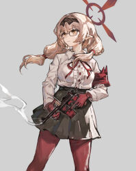 Rule 34 | 1girl, absurdres, armband, black skirt, blue archive, bow, bowtie, brown eyes, brown hair, chinatsu (blue archive), clip (weapon), collared shirt, commentary request, glasses, gloves, grey background, gun, hair between eyes, hairband, halo, handgun, highres, holding, holding gun, holding weapon, long hair, long sleeves, low-tied long hair, low twintails, mauser c96, pantyhose, pleated skirt, pointy ears, red armband, red bow, red bowtie, red gloves, red pantyhose, school uniform, shirt, sidelocks, simple background, skirt, solo, trigger discipline, twintails, weapon, white shirt, wind, yanyan (shinken gomi)