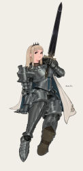 Rule 34 | 1girl, arm support, armor, armored boots, blonde hair, boots, braid, breastplate, cape, chainmail, earrings, fantasy, faulds, female focus, female knight, french braid, full body, highres, holding, holding sword, holding weapon, jewelry, knight, long hair, looking at viewer, nanora, original, pauldrons, shoulder armor, simple background, smile, solo, sword, tiara, weapon, white background, white cape