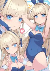 Rule 34 | 1girl, animal ears, armpits, blonde hair, blue archive, blue bow, blue bowtie, blue eyes, blue halo, blue leotard, blush, bow, bowtie, breasts, closed mouth, detached collar, double v, fake animal ears, halo, heart, leotard, long hair, looking at viewer, medium breasts, multiple views, official alternate costume, parted lips, rabbit ears, saebashi, signature, smile, spoken heart, strapless, strapless leotard, thighhighs, toki (blue archive), toki (bunny) (blue archive), twitter username, v, white thighhighs, wrist cuffs