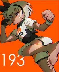 Rule 34 | 1girl, barefoot, bea (pokemon), black bodysuit, black hairband, blue eyes, bodysuit, bodysuit under clothes, clenched hands, collared shirt, commentary, creatures (company), dark-skinned female, dark skin, dynamax band, eyelashes, feet, game freak, gloves, grey hair, gym leader, hairband, highres, knee pads, looking at viewer, mohazzing, nintendo, orange background, pokemon, pokemon swsh, print shirt, shirt, short hair, short sleeves, shorts, single glove, soles, solo, tied shirt, toes