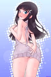 Rule 34 | 10s, 1girl, ass, back, backless dress, backless outfit, bare back, black hair, blue eyes, blush, breasts, covering privates, covering ass, cowboy shot, dress, embarrassed, eyebrows, from behind, hair ornament, hairclip, halterneck, k10k, kurosawa dia, lens flare, long hair, looking back, love live!, love live! sunshine!!, meme attire, mole, mole under mouth, naked sweater, no panties, open mouth, sideboob, solo, sweatdrop, sweater, sweater dress, turtleneck, turtleneck sweater, virgin killer sweater, wavy mouth