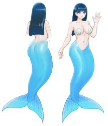 Rule 34 | blue hair, breasts, fins, fish tail, hime cut, idol, kiria021, long hair, looking at viewer, mermaid, monster girl, navel, original, scales, shell, shell bikini, tail, waving