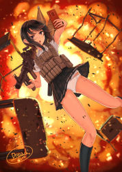 Rule 34 | 1girl, :o, absurdres, bad id, bad pixiv id, black hair, brown eyes, cellphone, chair, desk, dreadtie, dutch angle, explosion, facing viewer, gun, highres, holding, holding phone, holding weapon, original, outstretched arm, panties, phone, pleated skirt, rocket launcher, rpg (weapon), selfie, short hair, signature, skirt, smartphone, solo, taking picture, underwear, weapon, white panties