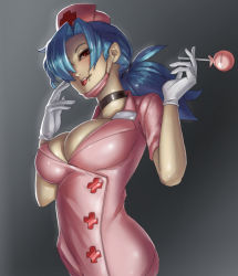 Rule 34 | + +, 1girl, blue hair, breasts, candy, choker, cleavage, cross, eu03, eyepatch, food, gloves, hair over one eye, hat, highres, large breasts, lollipop, mask, unworn mask, mouth mask, nurse, nurse cap, ponytail, red cross, red eyes, skullgirls, solo, surgical mask, valentine (skullgirls), white gloves