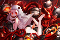 Rule 34 | 10s, 1girl, abyssal ship, ahoge, ass, barefoot, black panties, dress, from behind, gyworz, horns, kantai collection, long hair, looking at viewer, looking back, lying, mittens, monster, northern ocean princess, on stomach, pale skin, panties, sleeveless, sleeveless dress, solo, teeth, tentacles, tongue, torn clothes, torn dress, underwear, white dress, white hair, yellow eyes