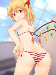 Rule 34 | 1girl, ass, bare arms, bare shoulders, bikini, blonde hair, blue sky, blurry, blurry background, blush, breasts, butt crack, commentary request, cowboy shot, crystal, day, flandre scarlet, from behind, frown, hair between eyes, hair ribbon, highres, indoors, looking back, miyo (ranthath), no headwear, one side up, red bikini, red eyes, red ribbon, ribbon, short hair, sky, small breasts, solo, standing, striped bikini, striped clothes, sweat, swimsuit, thighs, touhou, white bikini, wings