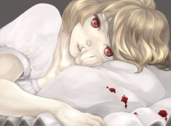 Rule 34 | 1girl, blonde hair, blood, grey background, lips, lying, noja, on side, parted lips, pillow, red eyes, seventh blood vampire, simple background, solo