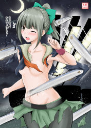Rule 34 | ^^^, 10s, 1girl, blush, breasts, brown eyes, commentary request, crescent moon, green hair, groin, highres, kantai collection, machinery, moon, navel, no bra, one eye closed, open mouth, pantyhose, ponytail, saury, skirt, small breasts, solo, torn clothes, torn skirt, translation request, yano toshinori, yuubari (kancolle), yuudachi (kancolle)