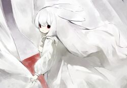 Rule 34 | 1girl, albino, animal ears, closed mouth, commentary, curtains, dress, floppy ears, highres, long dress, long hair, long sleeves, looking at viewer, looking back, original, puffy long sleeves, puffy sleeves, rabbit ears, red eyes, shirokujira, solo, very long hair, white dress, white hair