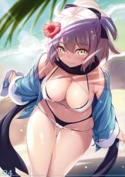 Rule 34 | 1girl, absurdres, ahoge, bikini, black bikini, blush, bow, breasts, cameltoe, cleavage, closed mouth, covered erect nipples, day, fate/grand order, fate (series), flower, hair bow, hair flower, hair ornament, hamada miku, haori, hibiscus, highres, holding, japanese clothes, koha-ace, large breasts, layered bikini, leaning forward, lips, long hair, long sleeves, looking at viewer, navel, off shoulder, okita souji (fate), okita souji (koha-ace), open clothes, outdoors, page number, ponytail, sandals, scan, scarf, shiny skin, side-tie bikini bottom, simple background, smile, solo, stomach, sunlight, sweat, sweatdrop, swimsuit, swimsuit under swimsuit, thighs, water, white bikini, yellow eyes