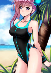 Rule 34 | 1girl, absurdres, arms behind back, asymmetrical hair, beach, black one-piece swimsuit, black ribbon, blue eyes, breasts, cleavage, cloud, collarbone, competition swimsuit, cowboy shot, day, fate/grand order, fate (series), hair between eyes, hair bun, hair ribbon, highleg, highleg swimsuit, highres, long hair, medium breasts, miyamoto musashi (fate), miyamoto musashi (fate/grand order), miyamoto musashi (swimsuit berserker) (fate), miyamoto musashi (swimsuit berserker) (first ascension) (fate), ocean, one-piece swimsuit, palm tree, pink hair, ribbon, sawwei005, single hair bun, solo, standing, swimsuit, tree, wristband