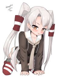 Rule 34 | 1girl, absurdres, all fours, amatsukaze (kancolle), brown dress, brown eyes, dated, dress, grey hair, grey neckerchief, hair tubes, highres, kantai collection, long hair, looking at viewer, maru (marg0613), neckerchief, one-hour drawing challenge, red thighhighs, sailor collar, sailor dress, short dress, simple background, solo, striped clothes, striped thighhighs, thighhighs, tongue, tongue out, twitter username, two side up, white background, white sailor collar