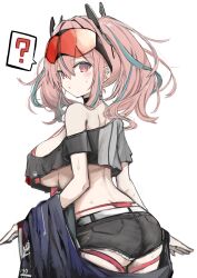 Rule 34 | 1girl, ?, absurdres, aqua hair, ass, azur lane, bikini, black shorts, blush, breasts, bremerton (azur lane), choker, cleavage, commentary, crop top, crop top overhang, cropped shirt, eyewear on head, fuyu yafunu, hair between eyes, hair intakes, head tilt, highres, jacket, unworn jacket, large breasts, looking at viewer, midriff, multicolored hair, parted lips, pink bikini, pink eyes, pink hair, short shorts, shorts, sidelocks, simple background, single bare shoulder, solo, spoken question mark, standing, sunglasses, sweat, swimsuit, twintails, underboob, whale tail (clothing), white background