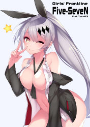 Rule 34 | 1girl, ;q, absurdres, bare shoulders, between breasts, black bow, black jacket, blouse, bow, breasts, buttons, character name, cleavage, closed mouth, collarbone, copyright name, cowboy shot, dean (momodean), fingernails, five-seven (girls&#039; frontline), girls&#039; frontline, grey hair, groin, hair between eyes, hair bow, hair ornament, hairclip, halterneck, hand up, high ponytail, highres, jacket, large breasts, leaning forward, long hair, long sleeves, looking at viewer, navel, necktie, necktie between breasts, no bra, no nipples, no panties, off-shoulder shirt, off shoulder, one eye closed, open clothes, open jacket, open shirt, pocket, ponytail, profanity, shiny skin, shirt, simple background, sleeveless, sleeveless shirt, smile, solo, spoken star, star (symbol), tongue, tongue out, unbuttoned, unbuttoned shirt, untied, v, very long hair, white background, white shirt, yellow eyes