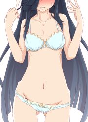 Rule 34 | 10s, 1girl, bare shoulders, black hair, blue bra, blue panties, blush, bow, bow bra, bow panties, bra, cowboy shot, embarrassed, full-face blush, gluteal fold, grimace, groin, hands up, hayashimo (kancolle), head out of frame, highres, hip bones, kantai collection, long hair, lowleg, lowleg panties, navel, panties, ru2n131, sidelocks, simple background, solo, sweat, underwear, underwear only, very long hair, w arms, white background