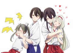 Rule 34 | 10s, 4girls, aged down, akagi (kancolle), arm grab, blush, brown eyes, brown hair, commentary request, closed eyes, green hair, grey hair, hair between eyes, hair over shoulder, hair ribbon, hairband, hakama, hakama short skirt, hakama skirt, hands on another&#039;s face, headband, heart, hip vent, hug, hug from behind, japanese clothes, kaga (kancolle), kantai collection, kimono, long hair, multiple girls, open mouth, red skirt, ribbon, round teeth, shoukaku (kancolle), side ponytail, simple background, skirt, smile, tachikoma (mousou teikoku), teeth, twintails, white background, white hair, white ribbon, zuikaku (kancolle)