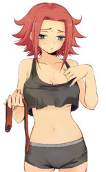 Rule 34 | 00s, 1girl, bare shoulders, blue eyes, blush, breasts, cleavage, closed mouth, code geass, collarbone, cowboy shot, eyebrows, female focus, hair intakes, half-closed eyes, headband, holding, kouzuki kallen, large breasts, looking at viewer, navel, plum (arch), red hair, short hair, shorts, simple background, solo, standing, stomach, sweat, tank top, underboob, upper body, white background