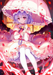 Rule 34 | 1girl, blue hair, chain, choker, closed mouth, cloud, hat, hat ribbon, highres, holding, holding umbrella, indoors, juliet sleeves, long sleeves, looking at viewer, mirror (xilu4), mob cap, pantyhose, parasol, petals, petticoat, pink skirt, puffy sleeves, red eyes, red footwear, red ribbon, remilia scarlet, ribbon, ribbon trim, rose petals, shoes, sitting, skirt, skirt set, smile, solo, touhou, umbrella, white pantyhose, window, wrist cuffs