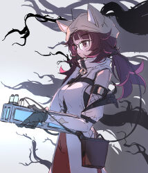 Rule 34 | 1girl, absurdres, animal ears, animal hat, arknights, bare shoulders, beanie, black gloves, breasts, brown eyes, brown hat, closed mouth, commentary request, deepcolor (arknights), deepcolor (melodic portrayal) (arknights), fake animal ears, from side, glasses, gloves, grey background, hat, headset, highres, holding, long hair, looking away, low twintails, medium breasts, official alternate costume, purple hair, red skirt, sao7, shirt, simple background, sketch, skirt, sleeveless, sleeveless shirt, solo, twintails, white shirt