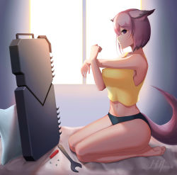 Rule 34 | 1girl, animal ears, arknights, bed, breasts, closed mouth, dur-nar (arknights), highres, hui yu, looking at viewer, pillow, screw, screwdriver, see-through, shield, shirt, short hair, sitting, solo, tail, tools, underwear