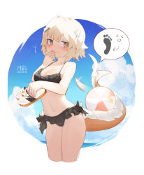 Rule 34 | +++, 1girl, absurdres, alchemy stars, ball, beachball, bikini, black bikini, blonde hair, blush, breasts, cloud, crop top, dated, day, frilled bikini, frills, hair between eyes, hand to own mouth, highres, holding, holding clothes, holding footwear, looking at viewer, medium breasts, orange eyes, outdoors, short hair, signature, sky, solo, swimsuit, tail, tsukibara, vice (alchemy stars), vice (ray of sunshine) (alchemy stars)