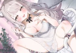 1girl ahoge animal_ear_fluff animal_ears black_ribbon blurry blurry_background blush breasts cat_ears cat_girl cat_tail cleavage commentary_request deep_skin dress dutch_angle feet_out_of_frame grey_hair hand_on_own_chest indie_virtual_youtuber indoors itohana long_hair looking_at_viewer medium_breasts mole mole_under_eye neck_ribbon on_bed panties pillow pink_eyes ribbon second-party_source see-through_clothes see-through_dress sitting sleeveless sleeveless_dress solo steam strap_lift sweat tail tongue tongue_out uise_iu underwear very_long_hair virtual_youtuber white_panties