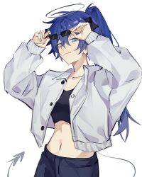 Rule 34 | 1girl, adjusting eyewear, alternate costume, alternate hairstyle, arknights, black pants, black shirt, blue eyes, blue hair, buttons, chinese commentary, closed mouth, commentary request, crop top, demon horns, demon tail, halo, highres, horns, jacket, long sleeves, looking at viewer, mostima (arknights), navel, open clothes, open jacket, pants, ponytail, rectangular eyewear, shiba257, shirt, smile, solo, stomach, sunglasses, tail, white jacket