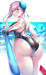 Rule 34 | 1girl, absurdres, ass, asymmetrical hair, backless swimsuit, black one-piece swimsuit, blue eyes, blush, breasts, bun cover, competition swimsuit, dual wielding, fate/grand order, fate (series), from behind, hair bun, highres, holding, large breasts, long hair, looking at viewer, looking back, miyamoto musashi (fate), miyamoto musashi (fate/grand order), miyamoto musashi (swimsuit berserker) (fate), miyamoto musashi (swimsuit berserker) (first ascension) (fate), nano (syoutamho), one-piece swimsuit, outside border, pink hair, single hair bun, sky, smile, solo, sparkle, swept bangs, swimsuit