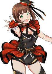 Rule 34 | 1girl, :d, amami haruka, armpits, black shorts, black thighhighs, bow, breasts, brown hair, cleavage, cowboy shot, fingerless gloves, garter straps, gloves, gold trim, green eyes, hair bow, highres, idolmaster, idolmaster (classic), looking at viewer, medium breasts, open mouth, red gloves, short hair, short shorts, shorts, simple background, smile, solo, standing, striped, striped bow, thighhighs, top! clover, tsurui, white background