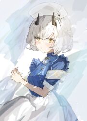 Rule 34 | 1girl, armband, black horns, blue archive, blue dress, braid, closed mouth, dress, frills, hat, highres, horns, light blush, looking at viewer, ming pampam, nurse cap, sena (blue archive), short hair, short sleeves, simple background, sketch, solo, upper body, white background, white hair, white hat, yellow eyes