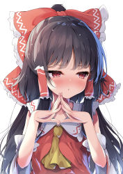 Rule 34 | 1girl, :&lt;, ascot, blush, bow, brown hair, collared dress, detached sleeves, dress, fingers together, hair bow, hair tubes, hakurei reimu, highres, long hair, looking to the side, madotsukumo, red bow, red dress, red eyes, simple background, solo, touhou, tube, white background, wide sleeves, yellow ascot