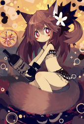 Rule 34 | 1girl, animal ears, bottle, brown hair, cat ears, cat tail, fingerless gloves, gloves, hair ornament, holding, long hair, looking at viewer, navel, original, paprika shikiso, red eyes, smile, solo, tail