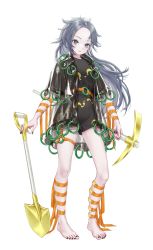 Rule 34 | 1girl, absurdres, barefoot, black nails, breasts, contrapposto, full body, grey eyes, grey hair, highres, himemushi momoyo, holding, holding pickaxe, holding shovel, jacket, long hair, looking at viewer, messy hair, nail polish, o-ring, orange ribbon, parted hair, pickaxe, ribbon, romper, see-through, shovel, simple background, small breasts, solo, standing, tools, torinari (dtvisu), touhou, very long hair, white background, wrist bow