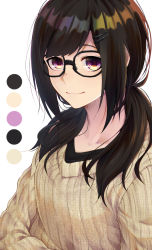 Rule 34 | 1girl, black hair, color guide, eyebrows hidden by hair, glasses, hair ornament, hair over shoulder, hairclip, highres, layered clothes, long hair, long sleeves, looking at viewer, low twintails, original, purple eyes, ribbed sweater, shunga (shun608), simple background, smile, solo, sweater, swept bangs, twintails, upper body, white background