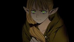 Rule 34 | 1girl, black background, blonde hair, blunt bangs, cloak, darkness, dungeon meshi, elf, frs2, glaring, green cloak, green eyes, hand on own chest, highres, hood, hooded cloak, low ponytail, marcille donato, pointy ears, simple background