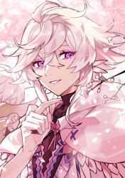 Rule 34 | 2boys, ahoge, asclepius (fate), cherry blossoms, fate/grand order, fate (series), flower, flower knot, hair between eyes, highres, hood, hooded robe, long hair, looking at viewer, male focus, merlin (fate), multiple boys, outdoors, petals, purple eyes, robe, sigm, upper body, white hair, white robe