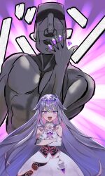 Rule 34 | 1girl, absurdres, bare shoulders, collar, collarbone, colored inner hair, crossed arms, detached collar, dress, elbow gloves, gem, gloves, grey hair, headpiece, highres, hololive, hololive english, jojo no kimyou na bouken, koseki bijou, koseki bijou (1st costume), moai, multicolored hair, muscular, muscular male, open mouth, pink hair, purple eyes, purple gemstone, single elbow glove, sleeveless, sleeveless dress, stand (jojo), strapless, strapless dress, virtual youtuber, white collar, white dress, white gloves, xsilentred
