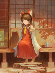 Rule 34 | 1girl, architecture, ascot, bare shoulders, bow, breasts, brown hair, closed mouth, cup, detached sleeves, east asian architecture, expressionless, eyebrows hidden by hair, fjsmu, frilled bow, frilled hair tubes, frills, hair bow, hair tubes, hakurei reimu, highres, light blush, looking to the side, medium hair, outdoors, red bow, red eyes, red skirt, red vest, ribbon-trimmed sleeves, ribbon trim, sarashi, shadow, sidelocks, sitting, skirt, skirt set, sleeves past fingers, sleeves past wrists, sliding doors, small breasts, solo, touhou, tray, vest, wide sleeves, yellow ascot
